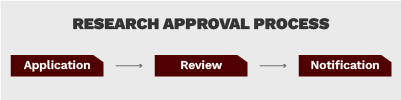 Flowchart showing the three-step research approval process: application, review, and notification.